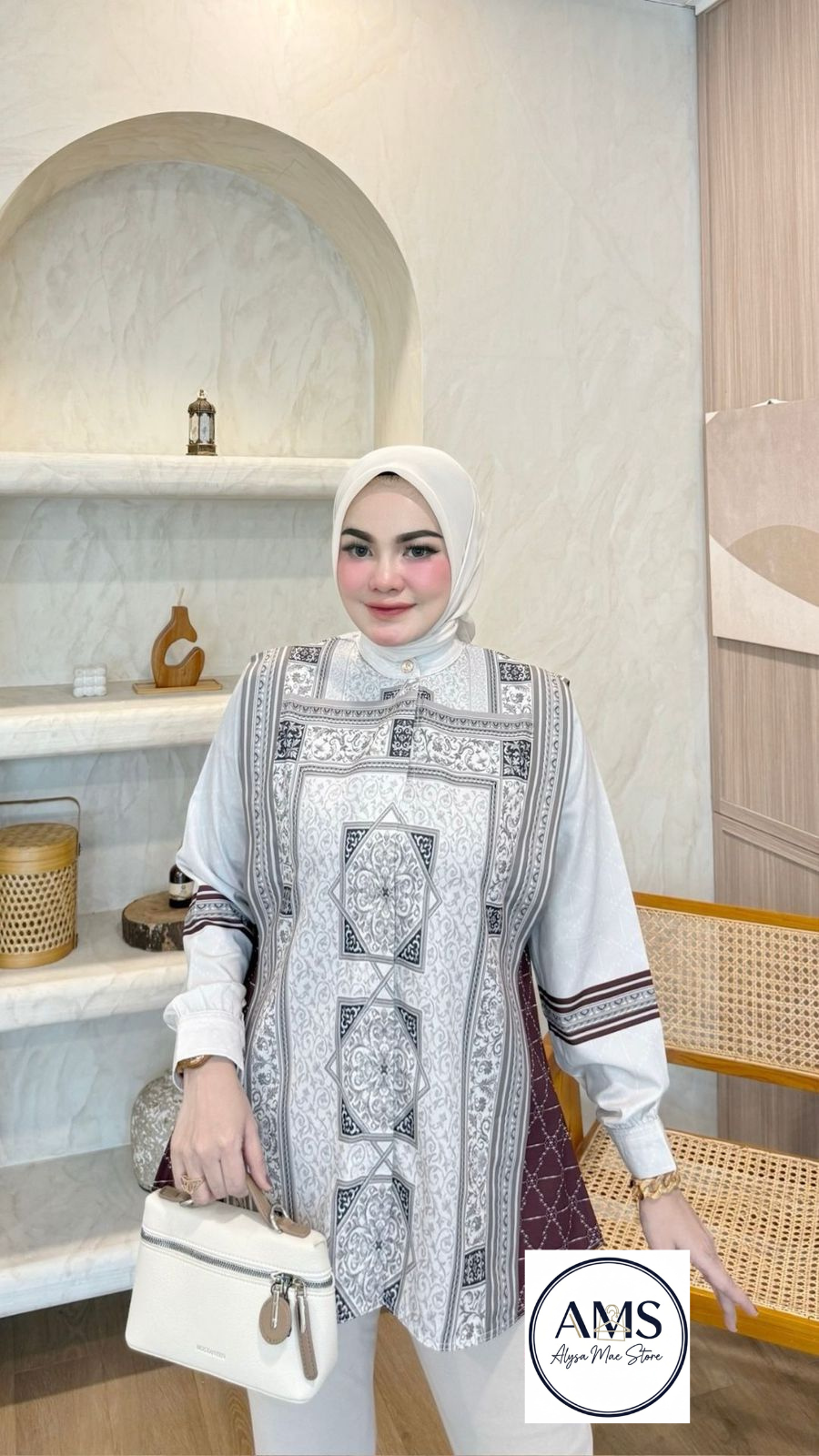 Model wearing the Sandra Shirt V8 showcasing elegant design and refined fit, featuring Peach Lady Signature Printing.