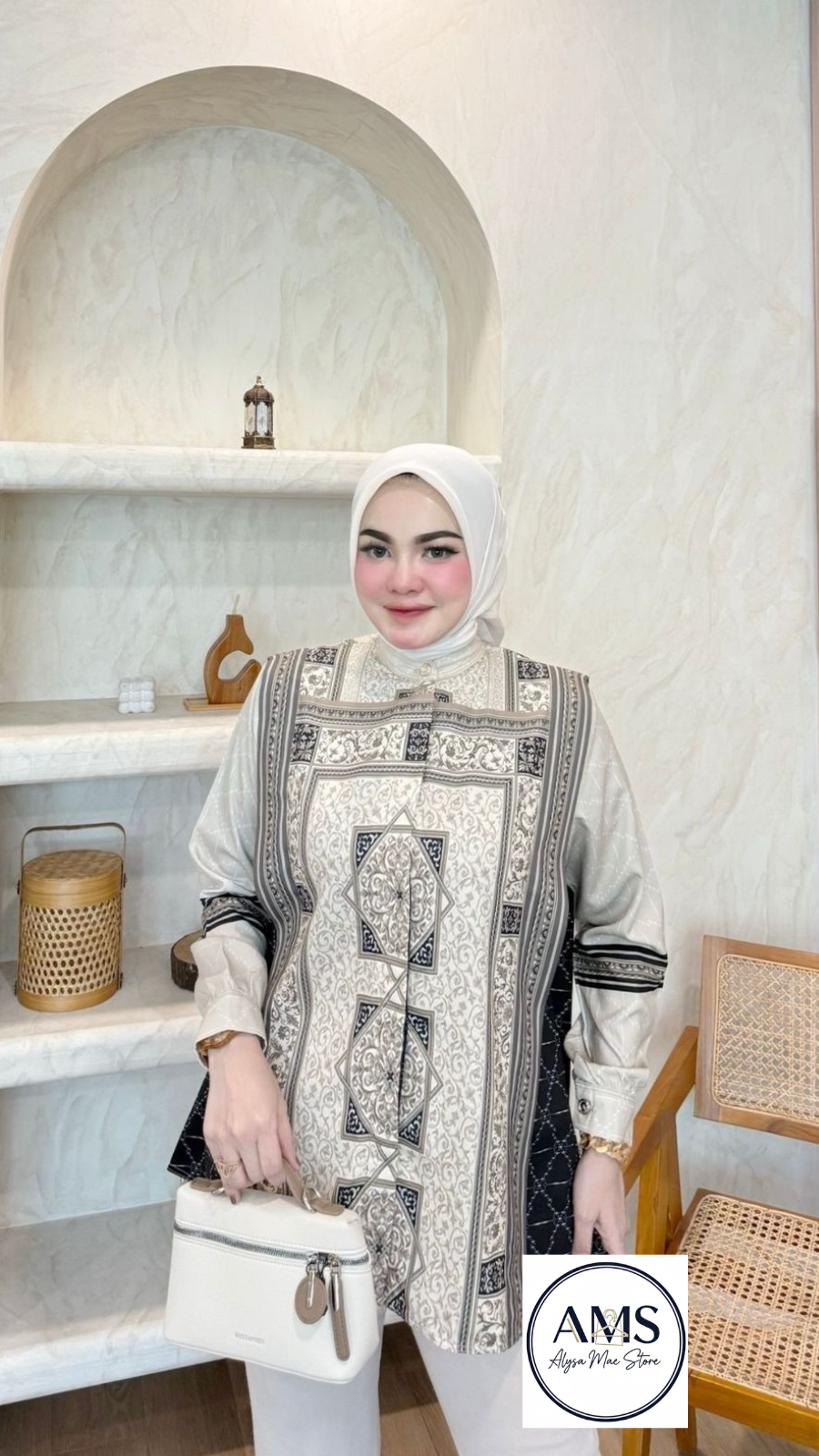 Sandra Shirt V8 worn by a woman in a stylish setting, featuring intricate patterns and a refined fit for comfort and elegance.